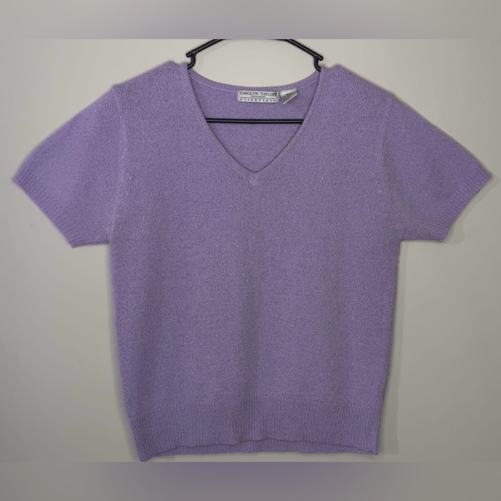 Caroline Taylor purple Lavender V-Neck Short Sleeve Sweater medium vintage